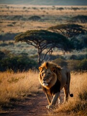 Regal Lion Strolling Through African Wildernes