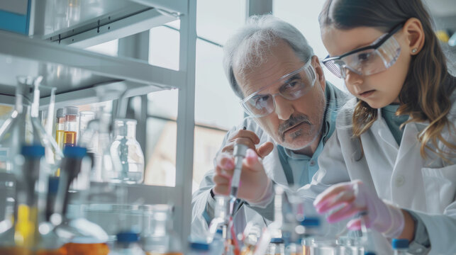 An elderly scientist mentors a young girl in a laboratory, focusing on pipetting, underscoring the importance of education and intergenerational knowledge transfer.