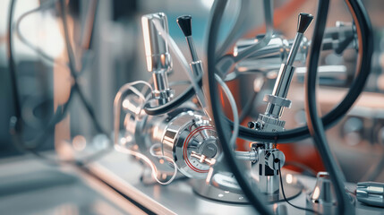 Obraz premium A close-up shot of shiny, intricate medical equipment in a laboratory setting, emphasizing the details and complexity of the instruments.