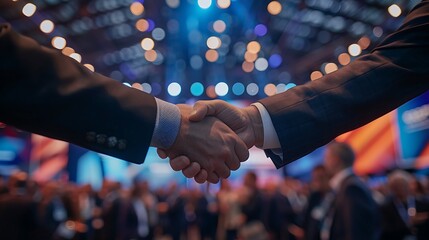 A handshake between a keynote speaker and an attendee at a networking event, with a stage in the background, a large screen displaying the event agenda, and a bustling crowd of professionals.