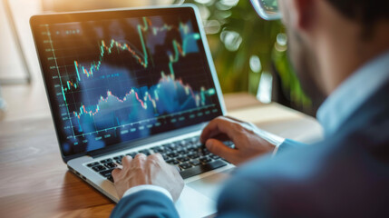 A person in a suit typing on a laptop, viewing financial charts and graphs on the screen, surrounded by a warm office ambiance.