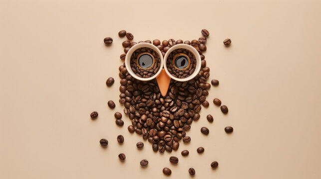 A playful arrangement of coffee beans creating an owl shape with two empty coffee cups for eyes, set on a clean, minimalist background. - Powered by Adobe