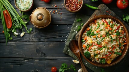 Top view of a colorful vegetable and rice dish served in a wooden bowl, surrounded by fresh vegetables and spices on a dark rustic table.