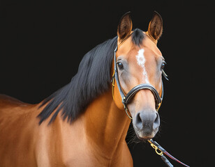 Fototapeta premium A majestic chestnut horse stands against a dark background
