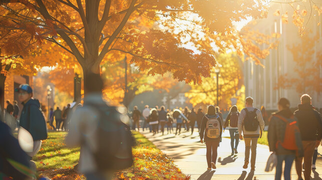 Golden autumn sunlight bathes the campus as students stroll between buildings under the canopy of richly colored trees, celebrating the vibrant season.