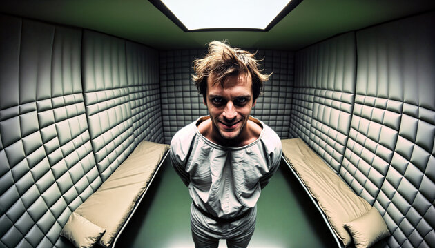 Man in Straitjacket with Intense Stare in Padded Cell