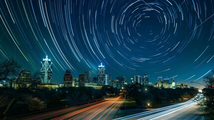 Obraz premium Urban Symphony Night Skyline Timelapse Capturing the Energy and Movement of City Life with Star Trails and Car Lights