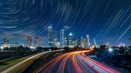 Fototapeta premium Urban Symphony Night Skyline Timelapse Capturing the Energy and Movement of City Life with Star Trails and Car Lights