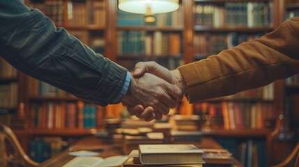 A handshake between a publisher and an author in a cozy office after signing a book deal, with the contract and a manuscript on the table, and a bookshelf filled with books in the background.