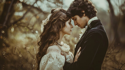 A couple dressed in Victorian attire tenderly embraces in a dreamy, autumnal forest, capturing a timeless, romantic moment.