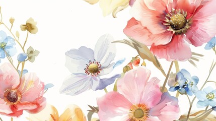 Watercolor floral bouquet with pink, red, and blue flowers.