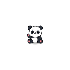 Cute panda sitting and waving paw cartoon, vector illustration