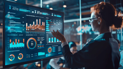 An analyst interacts with a large touchscreen displaying complex data visualizations and graphs in a high-tech office setting, hinting at data-driven decisions.