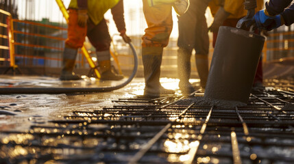 Construction workers in safety gear pour concrete on a rebar grid at a construction site during golden hour, with sun-kissed reflections creating a warm ambiance.