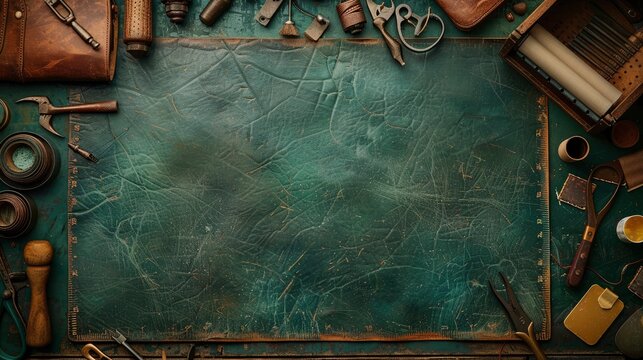 A detailed close-up of someone crafting a leather wallet, using tools to stitch and shape the leather, with various leatherworking supplies spread out
