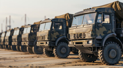 Obraz premium A line of camouflaged military trucks parked on a dirt terrain, highlighting their ruggedness and readiness for deployment.