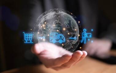 Business person point and manage online e-commerce business automation logistic supply chain in...