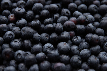 Close-up of fresh blueberries background. Top view with copy space.