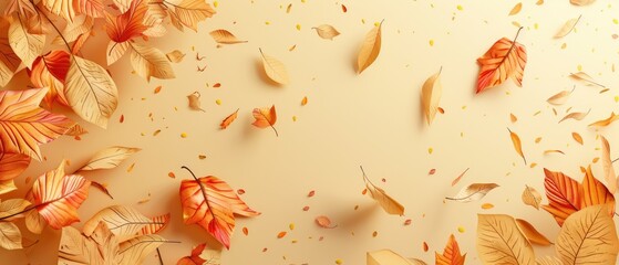 Autumn leaves falling against a soft, neutral background, capturing the warm colors and peaceful essence of the fall season.