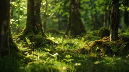 Fototapeta premium Sun-dappled mossy forest floor with rich green ground cover thrives under the watchful shade of towering trees.