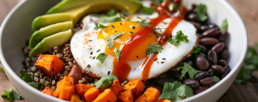 A hearty breakfast bowl with quinoa, roasted sweet potatoes, black beans, avocado, and a fried egg, drizzled with sriracha sauce.