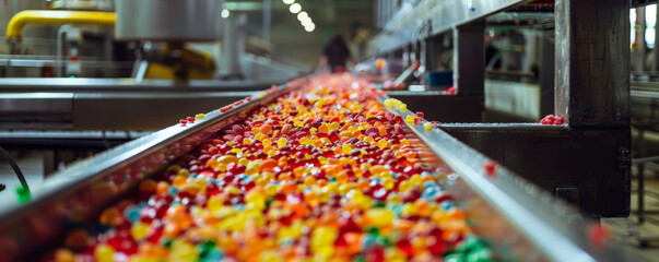 A conveyor belt in a candy factory, with colorful candies being sorted and packed, evoking a sense of joy and nostalgia.