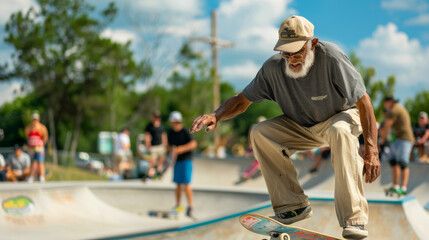 Obraz premium An elderly man gracefully performs a trick on a skateboard amidst a crowded skatepark, with onlookers admiring his feat under a clear blue sky.