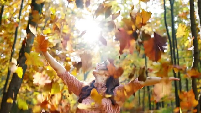 A contented and stunning young lady in an autumnal woodland, flinging leaves into the air