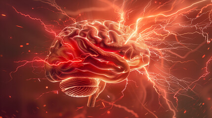 The striking image of a brain bathed in red light emphasizes the complex and vibrant nature of human cognition. The vivid color highlights the intricate folds and connections of the brain.
