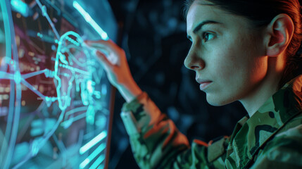 Obraz premium A focused military personnel studies a digital map with intricate details glowing on a futuristic screen, illustrating advanced technological warfare strategies.