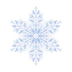Blue glowing transparent snowflake, isolated. Merry Christmas and Happy New Year. Simple neon light. Shining winter, xmas lamp. Fluorescent, luminescent illumination. Png