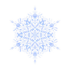 Blue glowing transparent snowflake, isolated. Merry Christmas and Happy New Year. Simple neon light. Shining winter, xmas lamp. Fluorescent, luminescent illumination. Png