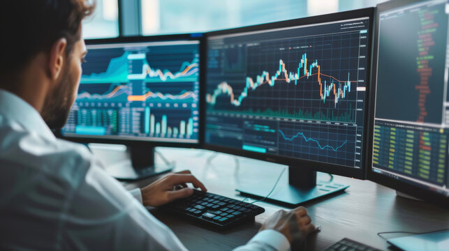 A financial analyst observes and interprets complex charts on multiple screens, epitomizing the intense and detailed nature of stock market monitoring in a high-tech office.
