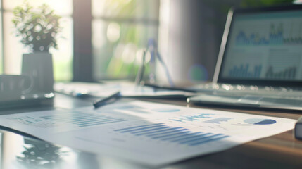 Papers with various charts and graphs spread on a sunlit desk, representing business, analysis, and productive work environment.
