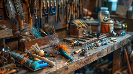 A detailed close-up of someone tying flies for fishing, with a variety of colorful feathers, hooks, and tools spread out on a workbench