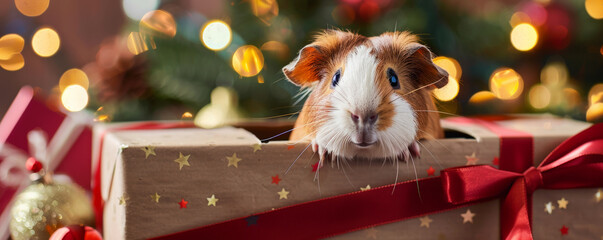 A cute guinea pig sitting inside a large Christmas gift box, with a festive background of holiday decorations and lights.