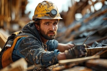 Construction worker hammering nails into wood beams at a busy construction site