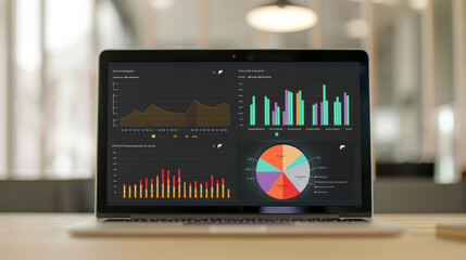 A laptop screen displaying diverse, colorful data charts and graphs symbolizes business analytics and statistical insights.