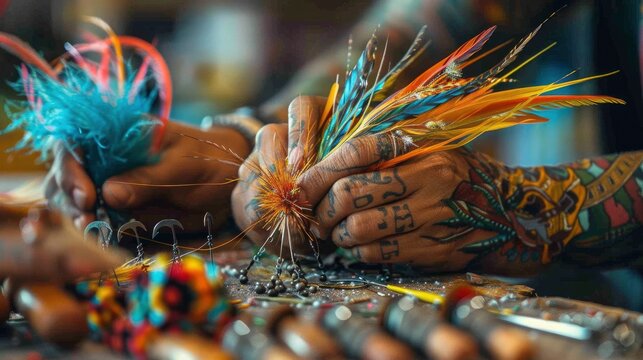 A detailed close-up of someone tying flies for fishing, with a variety of colorful feathers, hooks, and tools spread out on a workbench