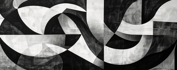 Modern art mural wallpaper background featuring a mix of angular and curvilinear shapes in monochrome, forming a sophisticated and modern look.