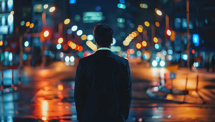 Fototapeta premium A man in a suit stands on a city street at night, surrounded by vibrant and colorful lights, capturing an urban nightlife scene.