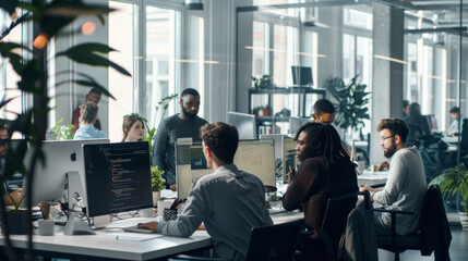 A vibrant open office space bustles with activity as diverse team members collaborate, with natural light streaming through large windows.