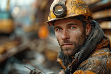 Fototapeta premium Construction worker hammering nails into wood beams at a busy construction site
