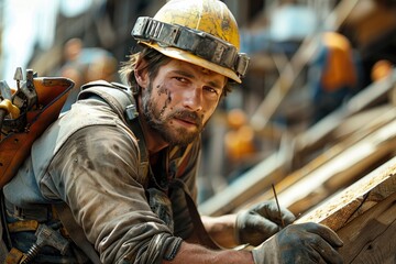Construction worker hammering nails into wood beams at a busy construction site