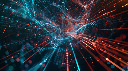 A mesmerizing digital network of blue and red particles against a dark background visualizes the dynamic and interconnected nature of modern technology and data flow.