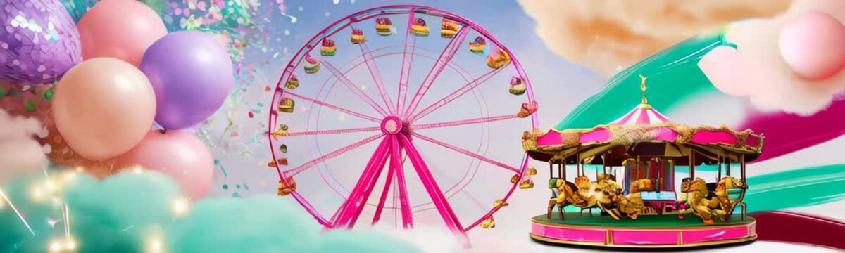 Easter greeting card web banner. Decorated Easter eggs against carnival scene with ferris wheel and colorful carousel background. Spring holiday copy space background