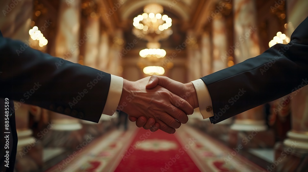 Wall mural A handshake between two political figures in a stately hall, with a red carpet, grand pillars, and chandeliers, capturing the formality and importance of the diplomatic meeting. --ar 16:9 --v 6.