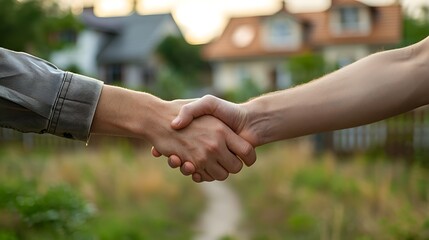 A handshake between two neighbors in a front yard, with houses, greenery, and a fence in the background, representing mending fences after a neighborhood dispute. --ar 16:9 --v 6.0 --s 250 --style raw