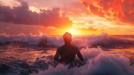 Obraz premium Sunset Serenity Wetsuitclad Surfer Contemplates the Ocean's Beauty