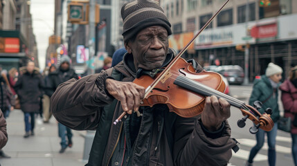 Fototapeta premium An elderly man skillfully plays a violin on a lively city street, capturing the attention of passersby.